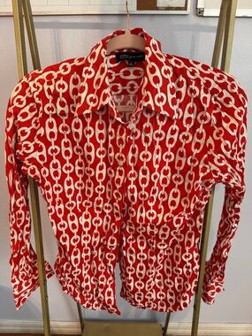 Jones New York Red & White Chain Print Button-Up Shirt